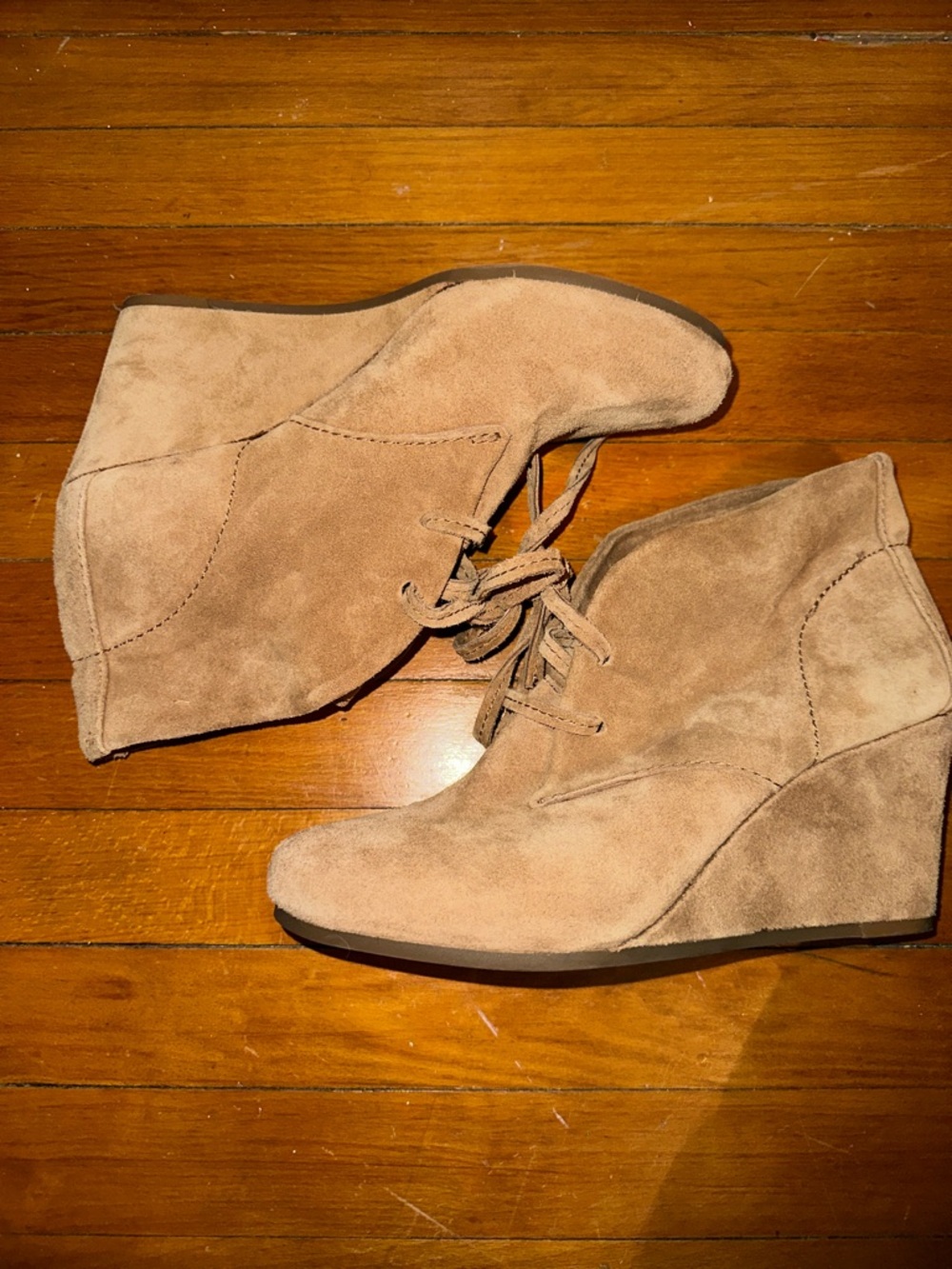 Gianni Bini Tan Suede Lace-Up Wedge Booties